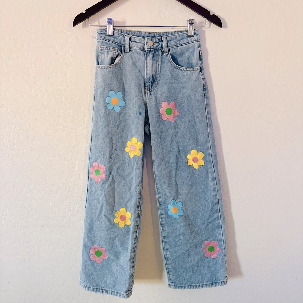 SHEIN Blue Straight Leg Jeans with Floral Accents Daisy‎ Size 8-9Y